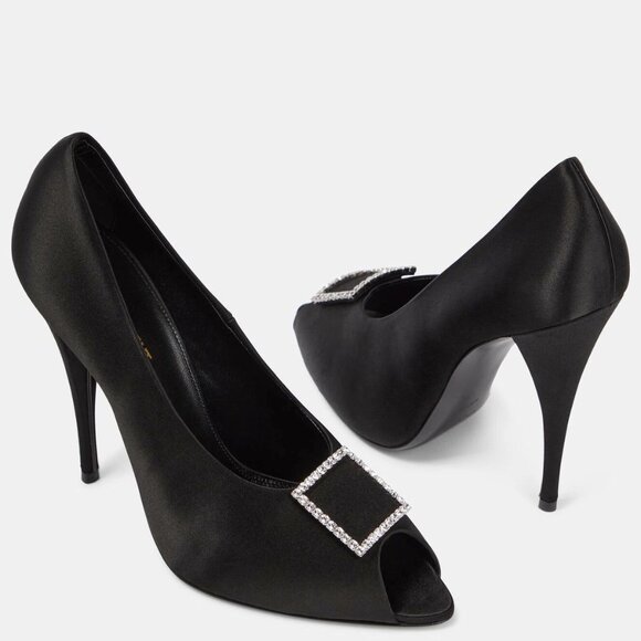 NWT Saint Laurent 115mm crystal-embellished satin peep-toe pumps Size: 37 - Picture 2 of 9